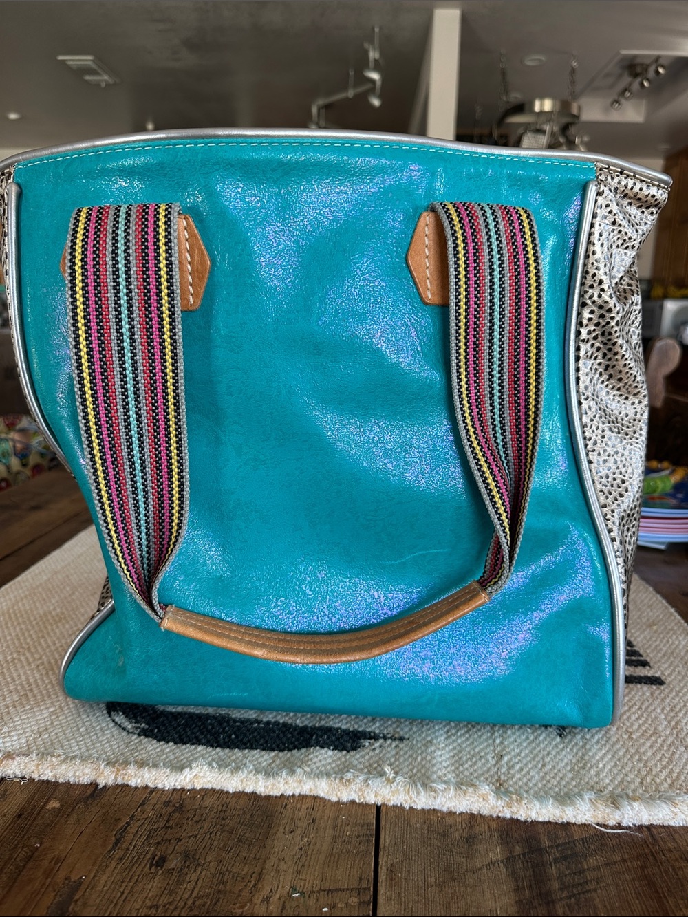 Consuela Teal Shimmer Classic Jade Tote with Multicolor Striped Webbed Handles